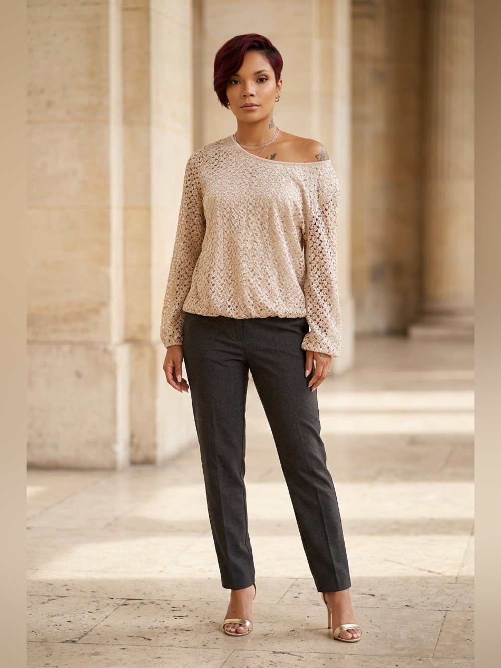 Roz & Ali Beige Crochet Off-Shoulder Sweater ☑️